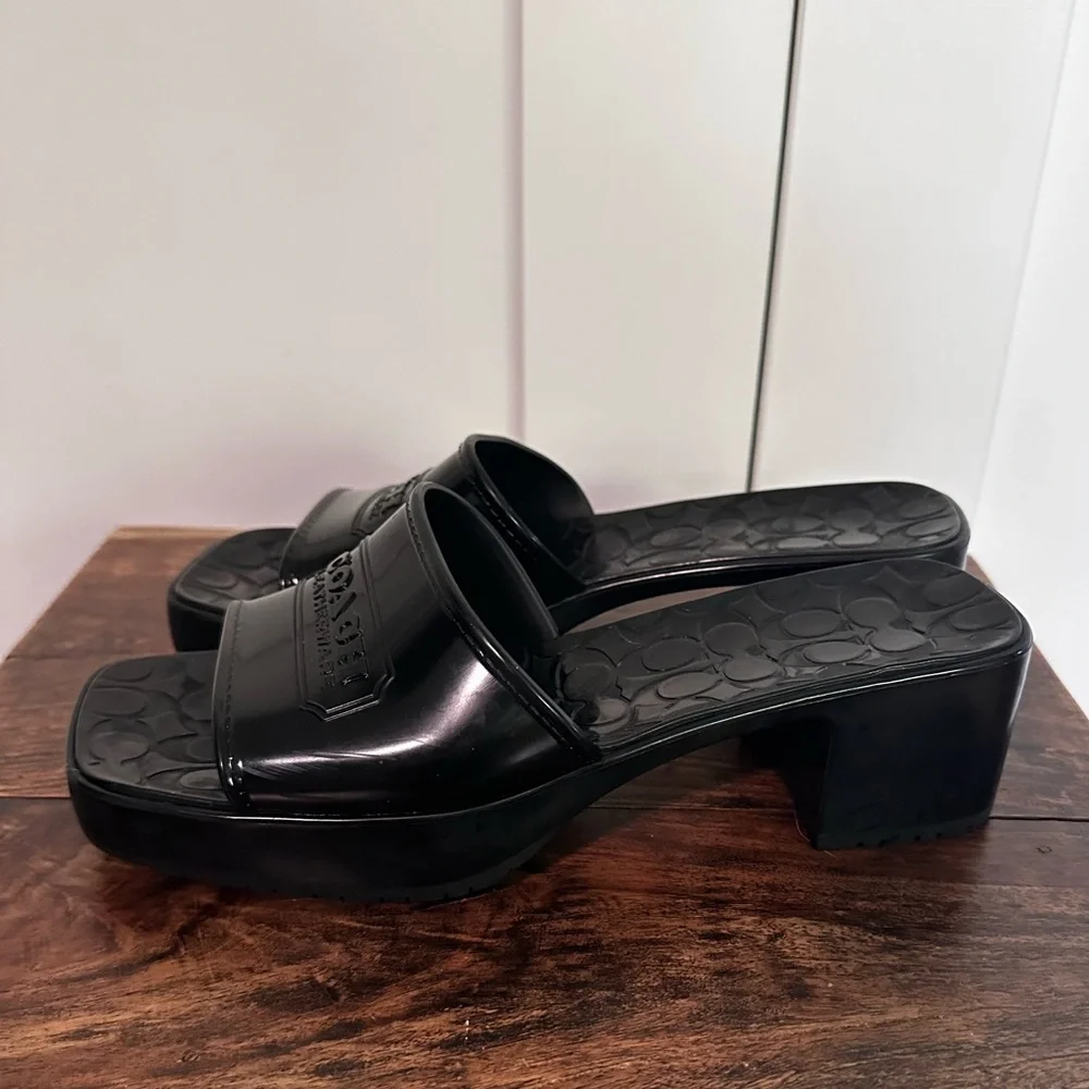 Coach Scarlett size 8 gloss black rubber block heel logo slides. - Picture 4 of 11